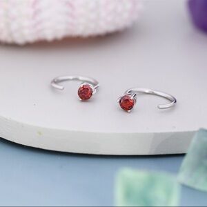 Tiny Garnet Red Cz Huggie Hoop Earrings in Sterling Silver